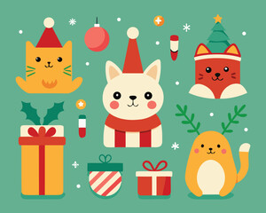 Vector art of cute christmas animals and festive elements illustration