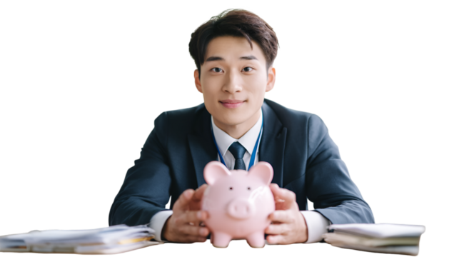 Man holding a piggy bank isolated on transparent background representing savings