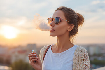 Beautiful woman vaping at sunset on a rooftop, enjoying the evening