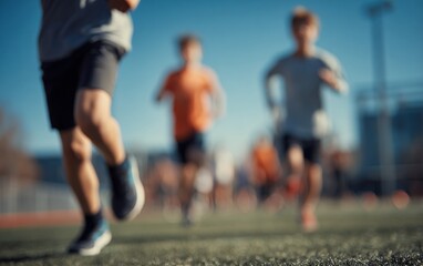 Fototapeta premium three people running on a grassy field