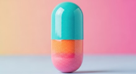 A single, vibrant blue and orange capsule stands out against a soft pink and yellow gradient background