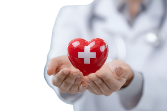 Doctor holding a red heart with a white cross isolated on transparent background