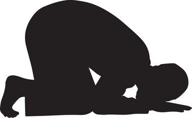 Muslim Man in Sajda Prostration Prayer Silhouette – Black and White Vector
