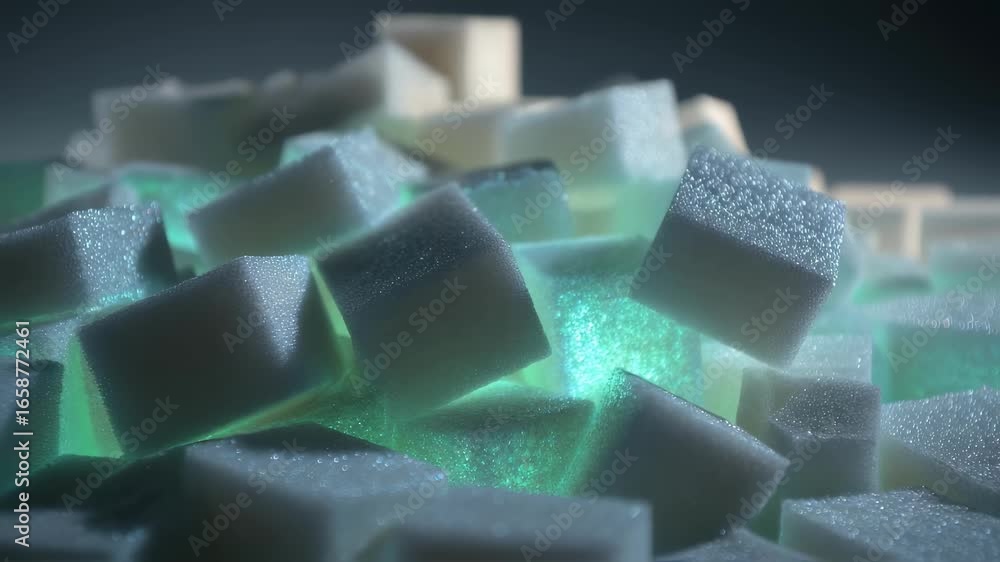 Poster medium shot of scattered biobased foam blocks with rfid tags glowing gently capturing the tactile te