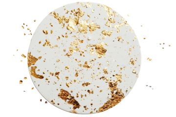 Circular, white platter with gold flecks.  Decorative, speckled design