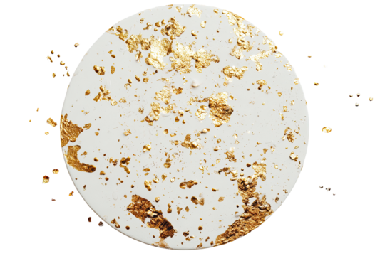 Circular, white platter with gold flecks.  Decorative, speckled design
