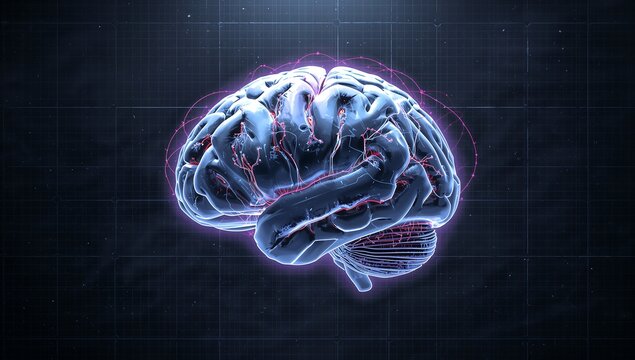 Glowing 3D brain on HUD grid, AI neural processing visualization