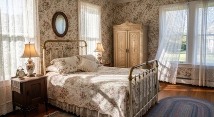 Charming vintage style bedroom with an ornate metal bed frame, floral wallpaper, and antique wooden furniture, nostalgic home interior.