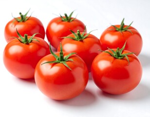 Fresh, plump tomatoes arranged on a white background