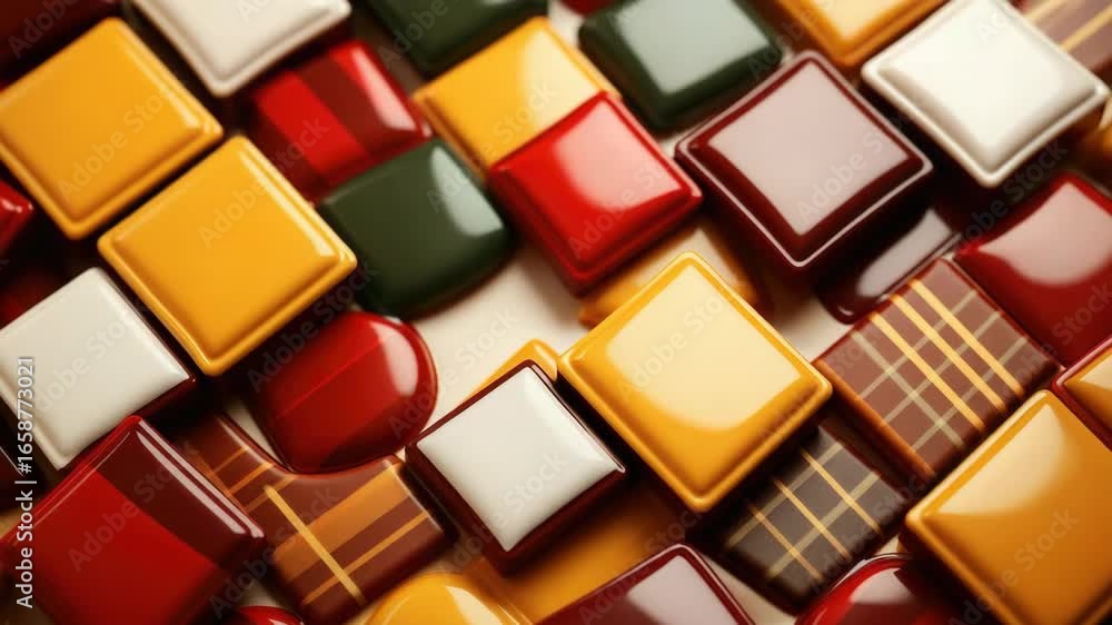 Aufkleber an array of chocolate candies in various colors and patterns, artistically arranged to create a visu