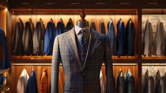 Men's suits displayed in clothing stores
