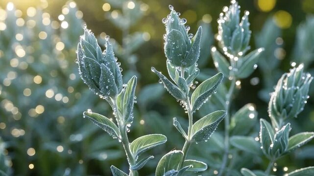 Dew-Kissed Buds: Morning Light on Silverleaf Plants in a Gentle Breeze