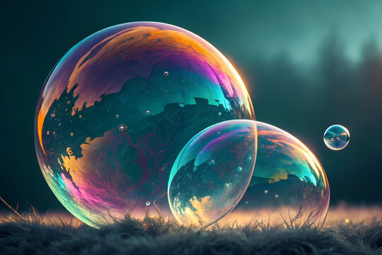 Surreal art of giant, iridescent bubbles glowing with rainbow colors in a dreamy landscape. A magical and whimsical fantasy concept of wonder and imagination.
Generative Ai.