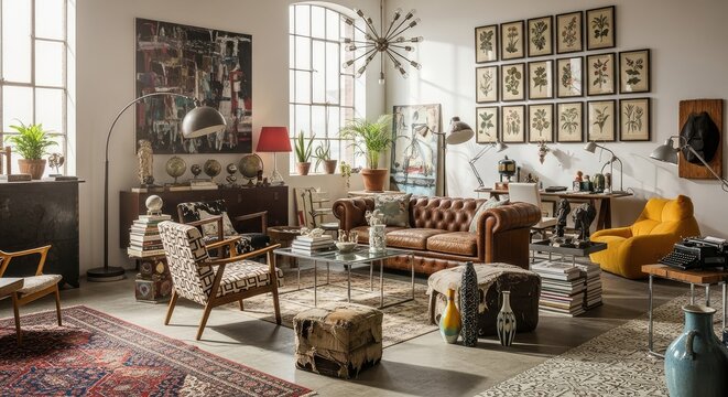 Eclectic industrial loft living room interior with a vintage leather Chesterfield sofa, patterned rugs, diverse art collection, and large windows, creating a unique and artistic space. - Powered by Adobe