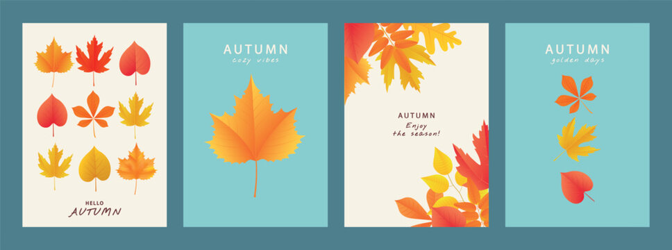Collection of modern autumn card templates featuring various colorful leaves with smooth gradients. This versatile set is ideal for seasonal greetings, social media stories, or posters, vector - Powered by Adobe
