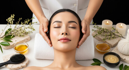 Tea Tree & Honey Massage; Facial Spa Serenity for wellness branding, luxury skincare ad, natural beauty blog header, holistic spa website imagery, social media content for organic cosmetics 