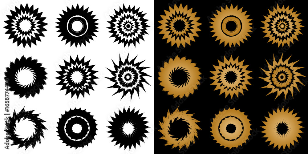 Poster set of round design elements with rays in isolated vector image, two design options on transparent a