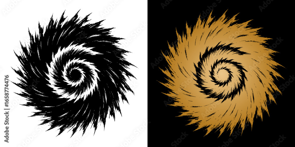Poster abstract spiral explosive design, isolated vector image, two design options on transparent and black
