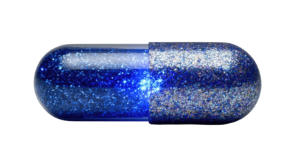 Shiny blue capsule, half-filled with glitter