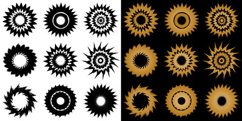 Set of round design elements with rays in isolated vector image, two design options on transparent and black backgrounds  
