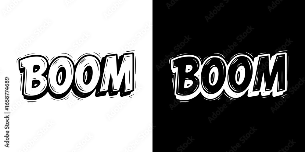 Poster isolated vector image with the word 'boom', two design options on transparent and black backgrounds,