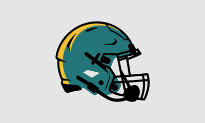 Teal and Yellow Sports Helmet Vector Illustration with Black Outline and Facemask Depicting Protection and Athleticism
