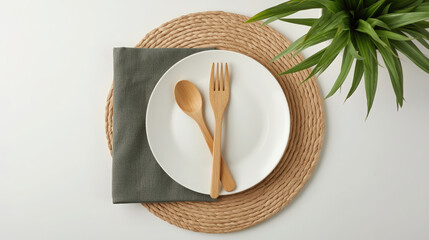 Minimalist Table Setting  White Plate, Wooden Utensils, Jute Placemat, Green Linen Napkin, Overhead View