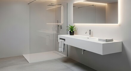 Modern Minimalist Bathroom with Floating White Vanity, Integrated Sink, Large Illuminated Mirror, and Walk-in Shower.