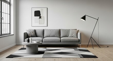 Minimalist Living Room with Grey Sofa, Round Coffee Table, Abstract Black and White Art, and Geometric Rug.