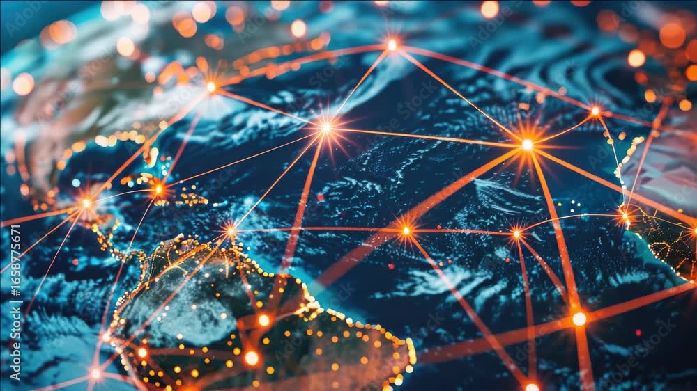Aufkleber global network of digital connections with a world map, interconnectedness of the internet and globa