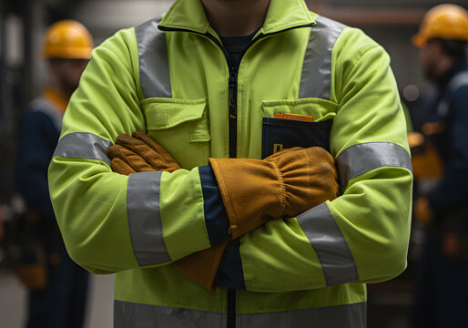 Confident Industrial Worker in Lime Green Safety Jacket, Arms Crossed, Leather Gloves.