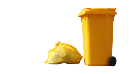 Yellow trash can and garbage bag isolated on transparent background