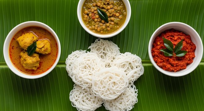 Delicious kerala cuisine appam stew curry lentil chutney on banana leaf south indian food traditional meal
