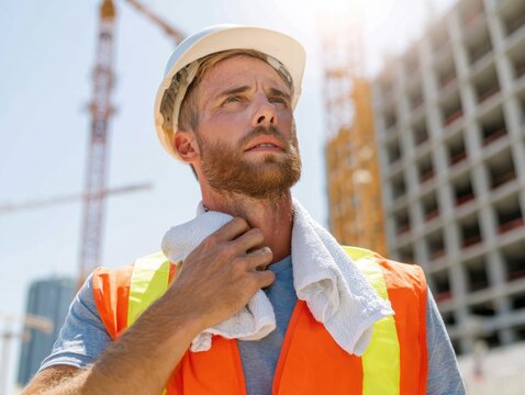 A sweaty construction worker in a hard hat and safety vest wiping his neck with a towel at a job site on a sunny day.