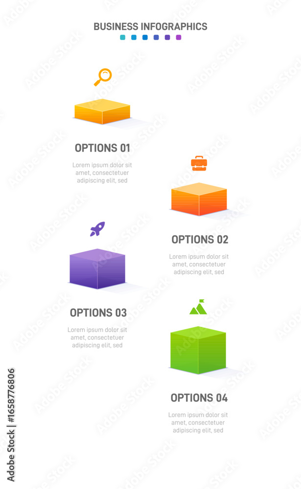 Poster vertical progress bar featuring 4 arrow-shaped elements, symbolizing the four stages of business str