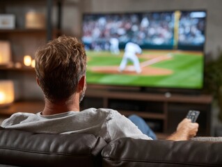 A man views a baseball game on a television screen in a dimly lit living room while holding a remote control.