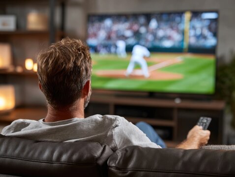 A man views a baseball game on a television screen in a dimly lit living room while holding a remote control. - Powered by Adobe