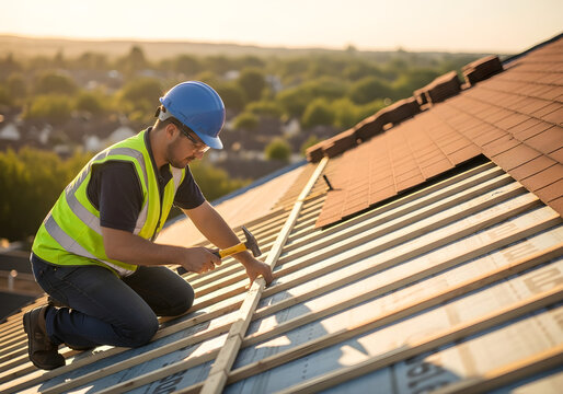 Roofing Contractor at Work on Residential Roof, Safety Gear and Tools in Use, Ideal for Construction, Safety Training, or Home Renovation Materials, Digital Ads