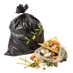 Food Waste in Bags, Isolated on Transparent Background, Garbage Disposal, Recycling, Composting, waste management, food scraps, trash bag
