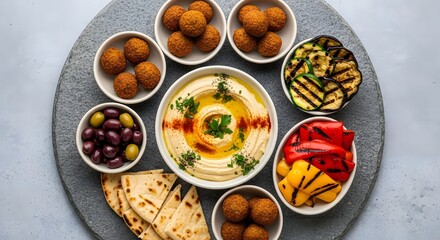 Delicious hummus falafel platter with pita bread olives and grilled vegetables for a healthy mediterranean diet