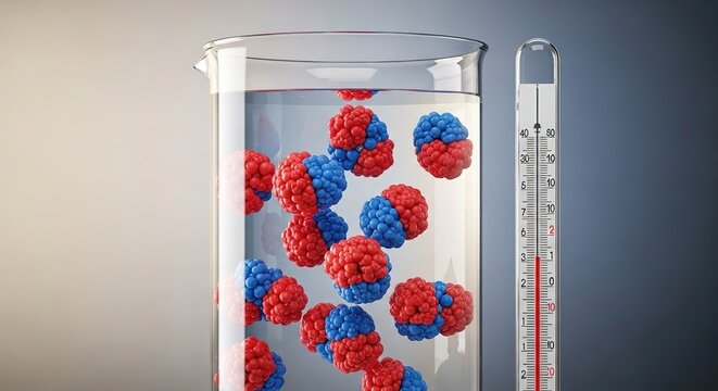 Scientific Experiment: Red and Blue Molecules in Beaker with Thermometer.