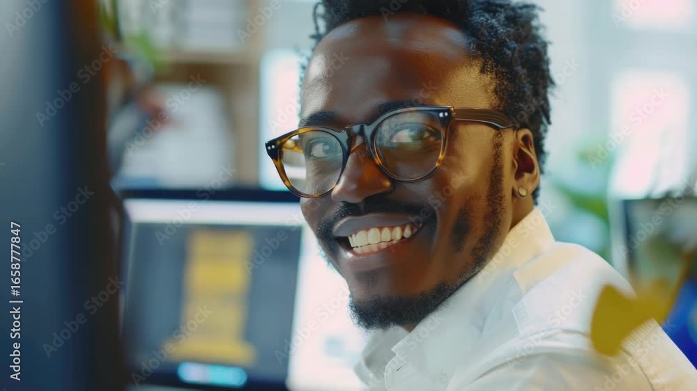 Aufkleber smiling man in glasses looking at monitor.