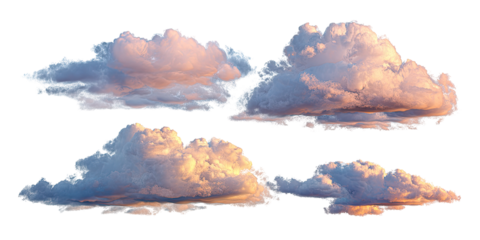Four large, detailed clouds, outlined in white,  displaying soft pastel colors and dramatic texture