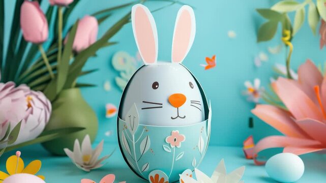 Colorful Easter egg decorated with bunny ears and other festive decorations, perfect for springtime or Easter celebrations