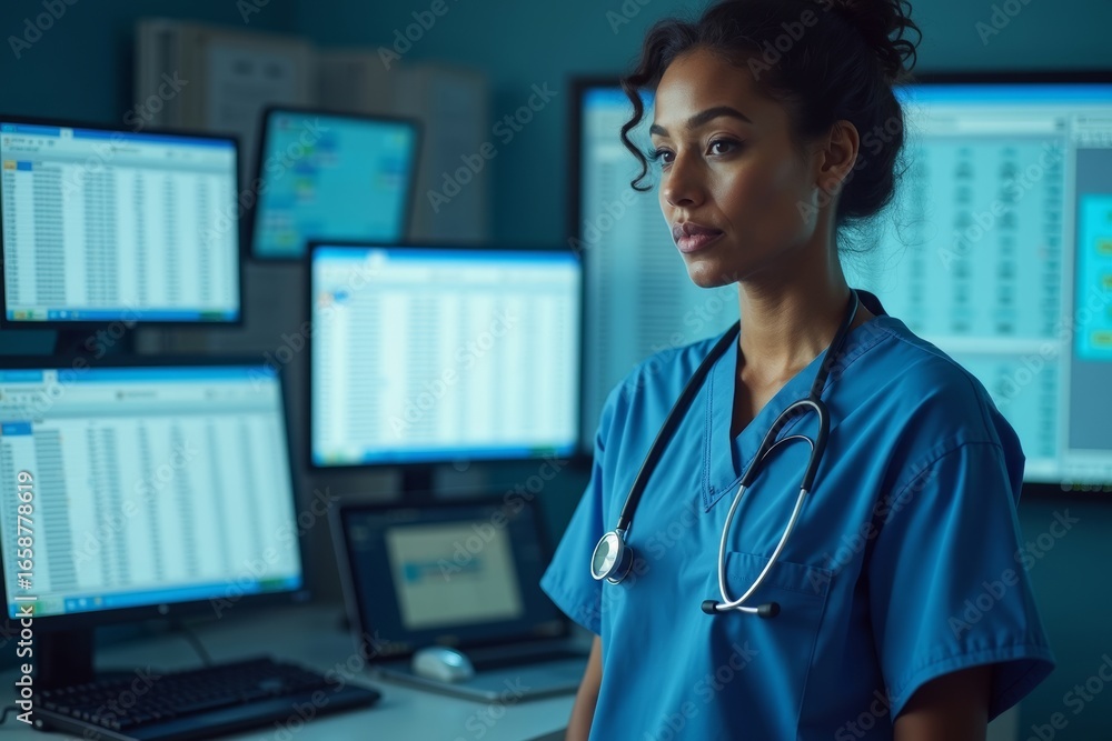 Poster doctor in scrubs surrounded by digital screens showing complex medical coding and billing code sprea