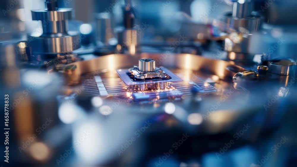 Poster quantum superconducting chip demo in crisp focus at center surrounded by softly blurred advanced lab
