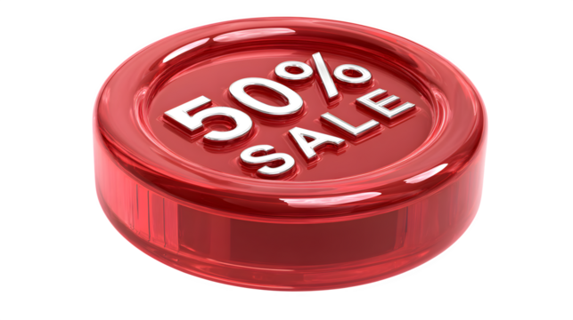 3D glossy red 50% off  sale badge on white background 