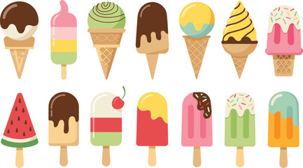 Colorful ice cream collection, flat cartoon popsicle illustrations, vector dessert icons, summer sweet treats clipart, frozen food design setPrint