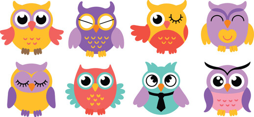 Cute cartoon owl characters, colorful vector birds, children’s animal illustration, emoji-style owls, adorable clipart icons, expressive owls, flat design art