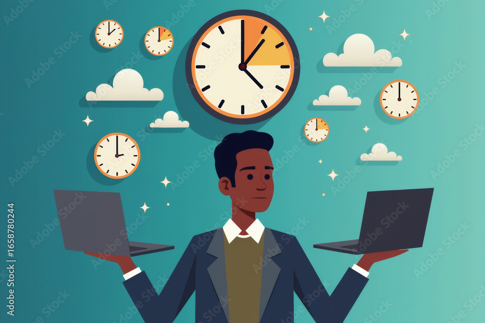 Poster young african man multitasking with multiple laptops and worldwide deadlines, surrounded by floating